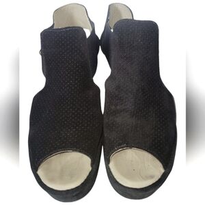 Fly London Biga Wedge Women's Suede Black Peep-Toe Sandals Sz 10 EU 41